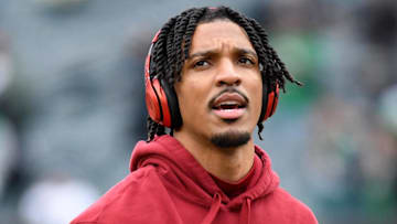 Jan 26, 2025; Philadelphia, PA, USA; Washington Commanders quarterback Jayden Daniels (5) looks on before the NFC Championship game at Lincoln Financial Field. Mandatory Credit: Eric Hartline-Imagn Images