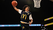 Mar 31, 2025; Brooklyn, New York, USA; McDonald’s All American West guard Mikel Brown Jr. (11) dunks the ball during the Sprite Jam Fest at Barclay's Center. Mandatory Credit: Pamela Smith-Imagn Images