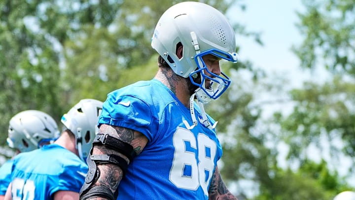 Detroit Lions offensive tackle Taylor Decker (68) practices during OTA at team's Performance Center