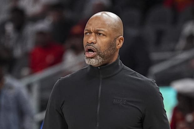 Orlando Magic head coach Jamahl Mosley reacts during a timeout against the Atlanta Hawks during the first half