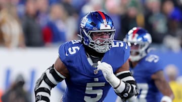 Oct 9, 2025; East Rutherford, New Jersey, USA; New York Giants linebacker Kayvon Thibodeaux (5) in action against the Philadelphia Eagles during the fourth quarter at MetLife Stadium.