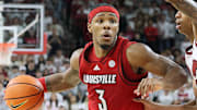 Dec 3, 2025; Fayetteville, Arkansas, USA; Louisville Cardinals guard Ryan Conwell (3) dribbles during the second half against the Arkansas Razorbacks at Bud Walton Arena. Arkansas won 89-80. Mandatory Credit: Nelson Chenault-Imagn Images