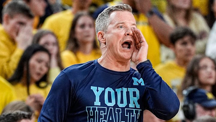 Michigan head coach Dusty May reacts to a play against Nebraska during the second half at Crisler Center in Ann Arbor on Tuesday, Jan. 27, 2026.