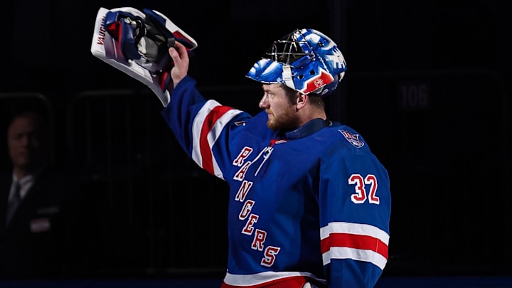 Apr 4, 2026; New York, New York, USA; New York Rangers goalie Jonathan Quick (32) waves to fans after a 4-1 win against the Detroit Red Wings at Madison Square Garden.
