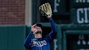 Tampa Bay Rays right fielder Josh Lowe (15) fields a fly ball against the San Francisco Giants during the seventh inning at Oracle Park. 