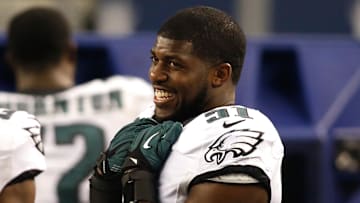 Nov 27, 2014; Arlington, TX, USA;  Philadelphia Eagles inside linebacker Emmanuel Acho (51) laughs on the sidelines during the game against the Dallas Cowboys at AT&T Stadium. Philadelphia beat Dallas 33-10. Mandatory Credit: Tim Heitman-Imagn Images