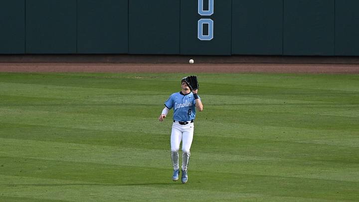 May 30, 2026; Chapel Hill, NC, USA; North Carolina Tar Heels infielder Owen Hull (8) catches a fly ball during game 4 of the Chapel Hill Regional at Boshamer Stadium. Mandatory Credit: William Howard-Imagn Images