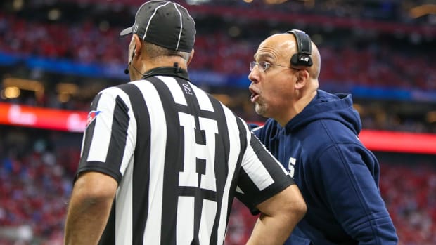 Penn State head coach James Franklin yells at an official during the 2023 Peach Bowl vs. Ole Miss