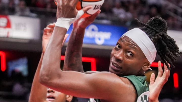 Seattle Storm guard Erica Wheeler (17) rebounds the ball Tuesday, Aug. 26, 2025, during a game between the Indiana Fever and the Seattle Storm at Gainbridge Fieldhouse in Indianapolis. The Indiana Fever defeated the Seattle Storm, 95-75.