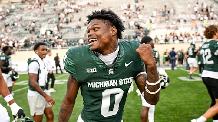 Michigan State's Charles Brantley celebrates after the win over Prairie View A&M on Saturday, Sept. 14, 2024, at Spartan Stadium in East Lansing.