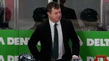 Michigan State head coach Adam Nightingale watches a play against Michigan during the first period of Duel in the D at Little Caesars Arena in Detroit on Saturday, Feb. 8, 2025.