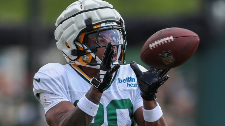 Green Bay Packers wide receiver Bo Melton catches a pass during at training camp.