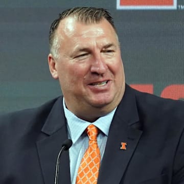 Jul 27, 2022; Indianapolis, IN, USA; Illinois Fighting Illini head coach Bret Bielema talks to the media during Big 10 football media days at Lucas Oil Stadium. Mandatory Credit: Robert Goddin-Imagn Images