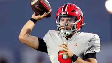 Carl Albert's Kevin Sperry throws a pass during the high school football game between Shawnee and Carl Albert at Crain Family Stadium on the Oklahoma Baptist University campus in Shawnee, Okla., Thursday, Sept. 28, 2023.