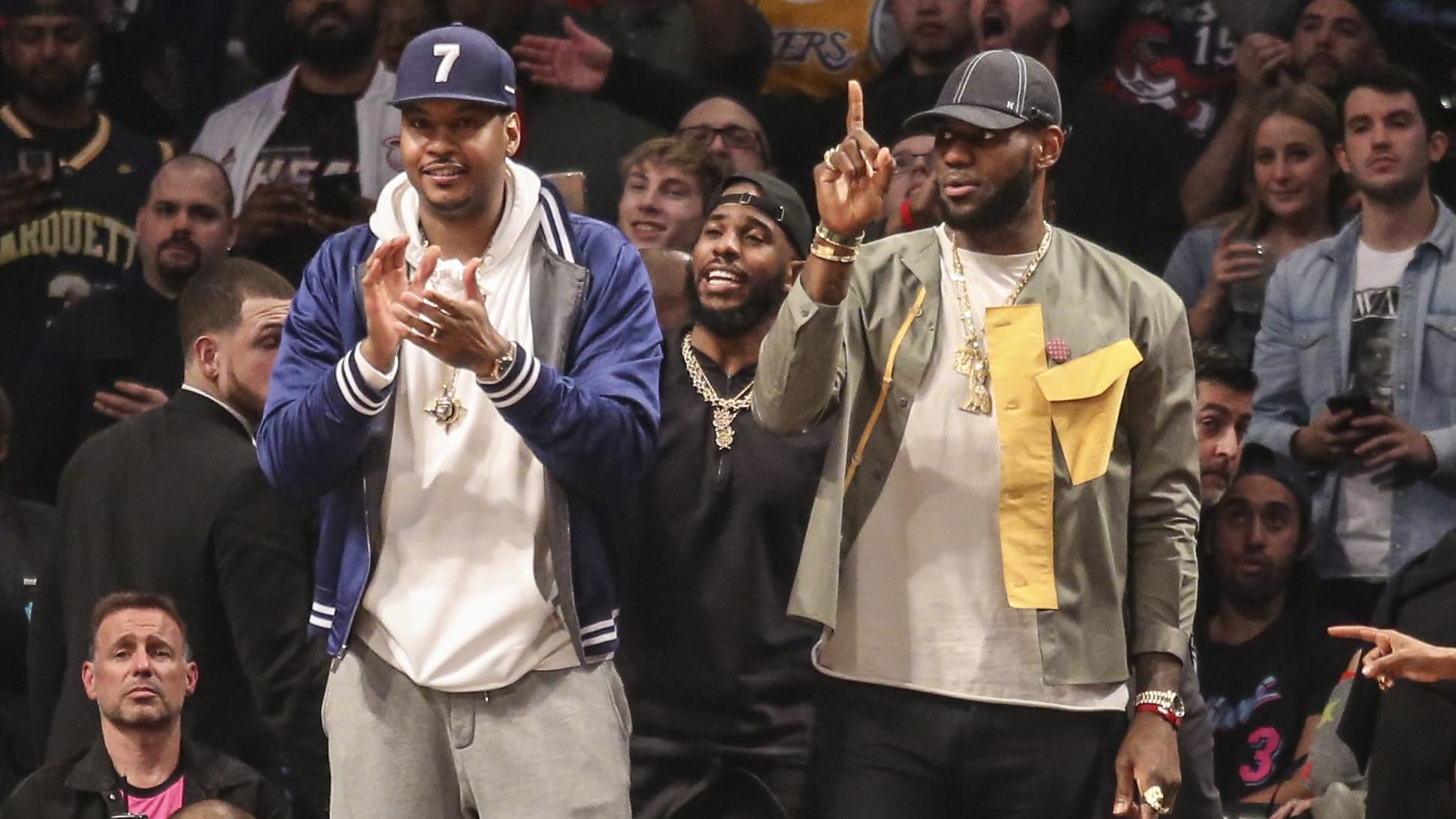Apr 10, 2019; Brooklyn, NY, USA; NBA stars Carmelo Anthony (left) and Chris Paul (center) and LeBron