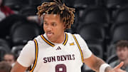 ASU Sun Devils forward Marcus Adams Jr. (8) celebrates his 3-point shot against the Oklahoma Sooners at Mortgage Matchup Center on Dec. 6, 2025, in Phoenix, Arizona.