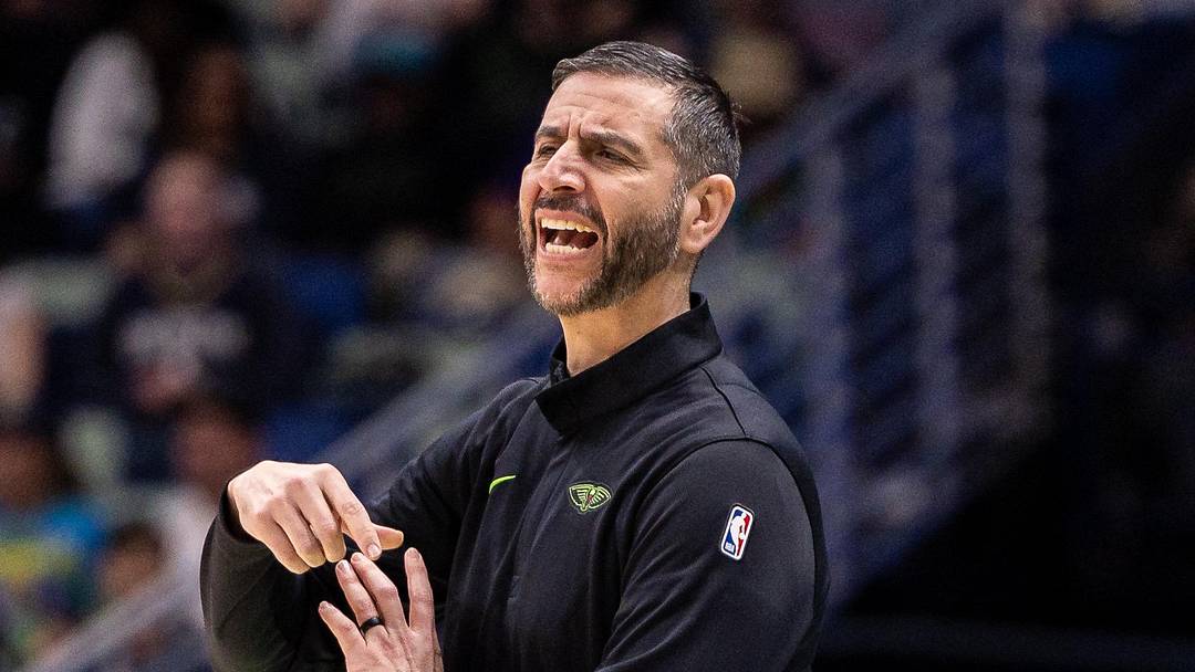 Apr 05, 2026; New Orleans, LA, USA; New Orleans Pelicans Interim Head Coach James Borrego reacts to a play against the Orlando Magic in the first half at Smoothie King Center. Mandatory Credit: Stephen Lew-Imagn Images