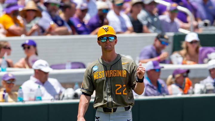 West Virginia Head Coach Steve Sabins as The LSU Tigers take on the West Virginia Mountaineers in game 1 of the 2025 NCAA Div 1 Super Regional Baseball Championship at Alex Box Stadium in Baton Rouge, LA. Saturday, June 7, 2025.