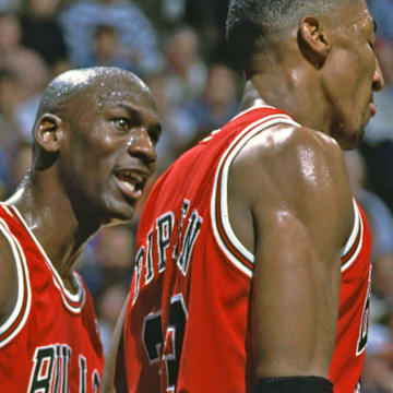 Unknown Date; Richfield, OH, USA; FILE PHOTO; Chicago Bulls guard (23) Michael Jordan talks to forward (33) Scottie Pippen against the Cleveland Cavaliers at Richfield Coliseum. Mandatory Credit: Photo By Imagn Images (c) Copyright Imagn Images

