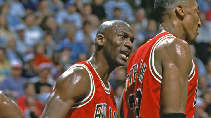 Unknown Date; Richfield, OH, USA; FILE PHOTO; Chicago Bulls guard (23) Michael Jordan talks to forward (33) Scottie Pippen against the Cleveland Cavaliers at Richfield Coliseum. Mandatory Credit: Photo By Imagn Images (c) Copyright Imagn Images

