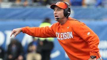 Nov 16, 2024; Pittsburgh, Pennsylvania, USA; Clemson Tigers head coach Dabo Swinney reacts against the Pittsburgh Panthers during the second quarter at Acrisure Stadium. Mandatory Credit: Charles LeClaire-Imagn Images