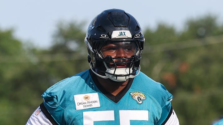 Jul 23, 2025; Jacksonville, FL, USA; Jacksonville Jaguars guard Chuma Edoga (55) participates in training camp at Miller Electric Center. 