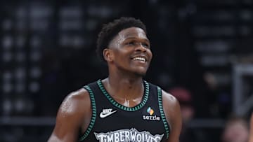 Nov 10, 2025; Salt Lake City, Utah, USA; Minnesota Timberwolves guard Anthony Edwards (5) reacts to a play against the Utah Jazz during the second half at Delta Center. Mandatory Credit: Rob Gray-Imagn Images