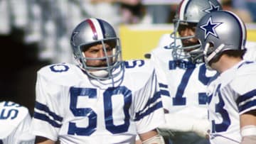 Dallas Cowboys linebacker D.D. Lewis (50) on the field against the Atlanta Falcons at Fulton County Stadium.