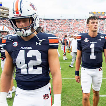 Auburn Tigers quarterback Payton Thorne (1) walks off the field after the game as Auburn Tigers take on California Golden Bears.