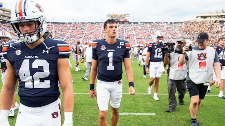 Auburn Tigers quarterback Payton Thorne (1) walks off the field after the game as Auburn Tigers take on California Golden Bears.