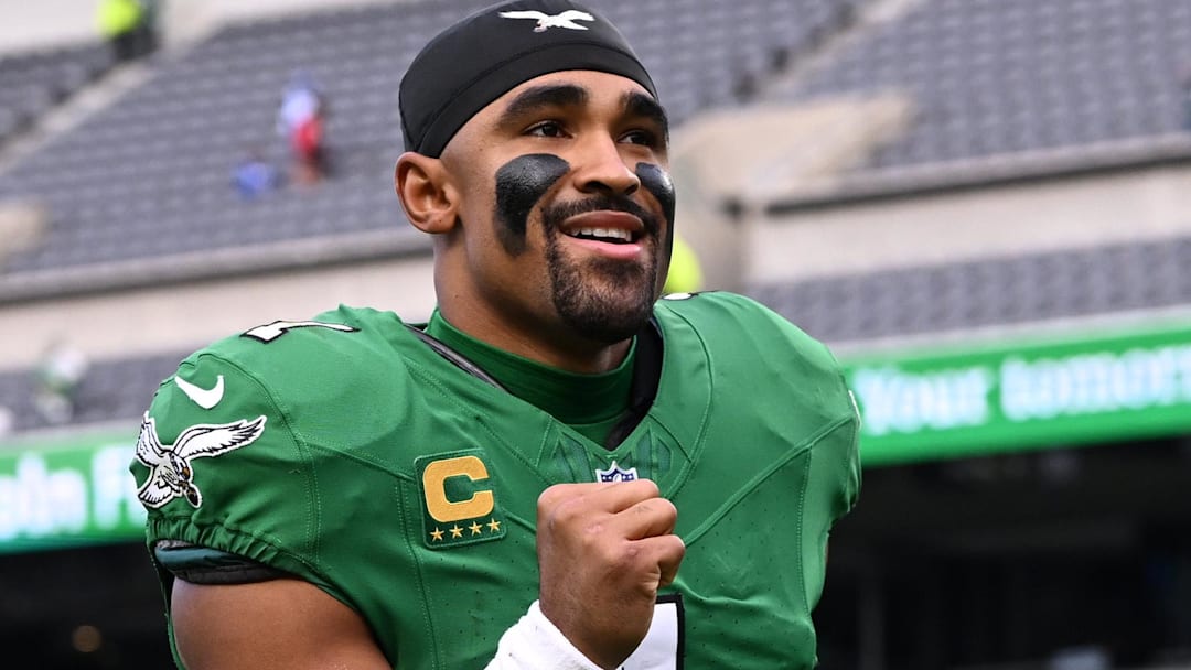 Oct 26, 2025; Philadelphia, Pennsylvania, USA; Philadelphia Eagles quarterback Jalen Hurts (1) reacts after the game against the New York Giants at Lincoln Financial Field.