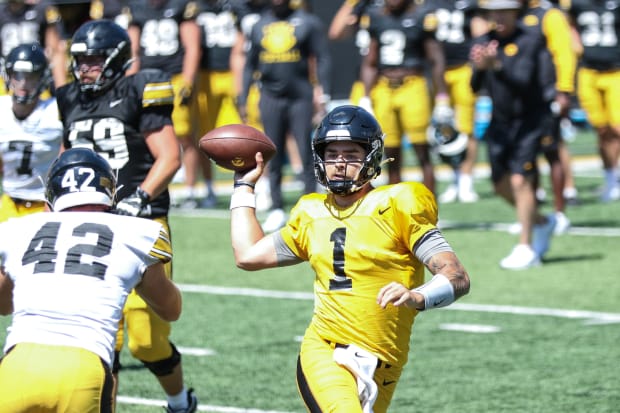 Iowa QB Brendan Sullivan at practice on Aug. 10, 2024 in Iowa City. (Rob Howe/HN) 