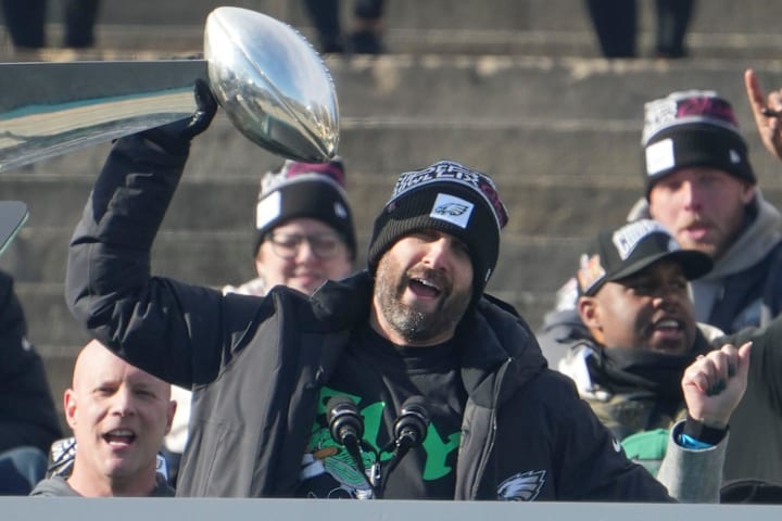 Eagles head coach Nick Sirianni holds up the Vince Lombardi trophy during the Philadelphia Eagles Super Bowl. 