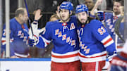 Feb 15, 2024; New York, New York, USA; New York Rangers left wing Chris Kreider (20) celebrates with center Mika Zibanejad (93) after scoring a goal in the second period against the Montreal Canadiens at Madison Square Garden. Mandatory Credit: Wendell Cruz-Imagn Images
