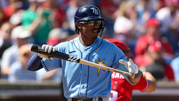 Mar 7, 2023; Clearwater, Florida, USA;  Tampa Bay Rays shortstop Greg Jones (70) strikes out against the Philadelphia Phillies in the fourth inning during spring training at BayCare Ballpark. Mandatory Credit: Nathan Ray Seebeck-Imagn Images