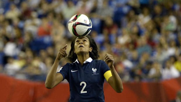 France defender Wendie Renard (2) controls the ball against Germany during the second half in the quarterfinals 