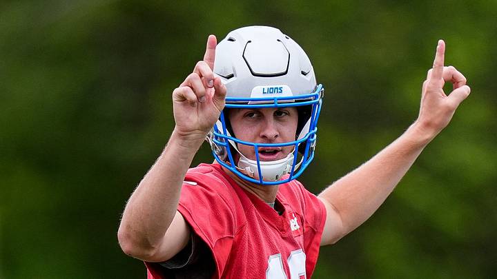 Detroit Lions quarterback Jared Goff (16) practices during mini camp at Meijer Performance Center in Allen Park on Wednesday, June 17, 2026.