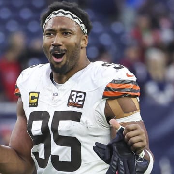 Dec 24, 2023; Houston, Texas, USA; Cleveland Browns defensive end Myles Garrett (95) walks on the field after the game against the Houston Texans at NRG Stadium.