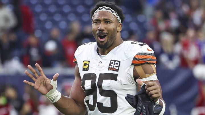 Dec 24, 2023; Houston, Texas, USA; Cleveland Browns defensive end Myles Garrett (95) walks on the field after the game against the Houston Texans at NRG Stadium.