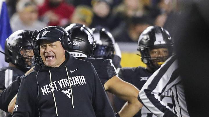 Oct 25, 2025; Morgantown, West Virginia, USA; West Virginia Mountaineers head coach Rich Rodriguez argues a call during the third quarter against the Texas Christian University Horned Frogs at Milan Puskar Stadium. Mandatory Credit: Ben Queen-Imagn Images