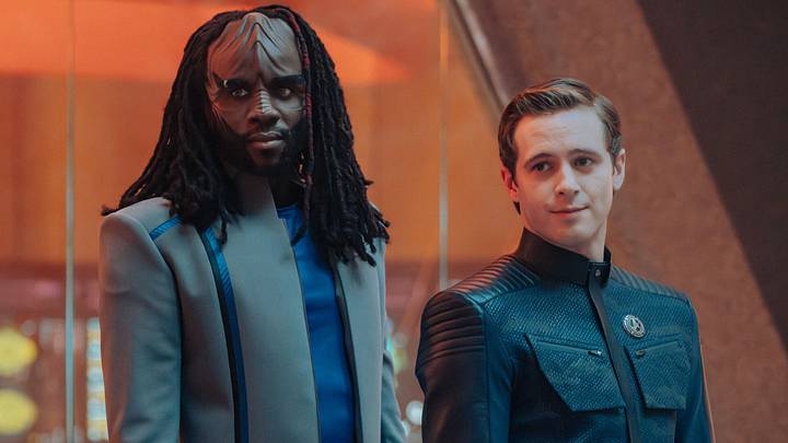 L-R: Karim Diané as Jay-Den, and Dale Whibley as Kyle in season 1, episode 7, of Star Trek: Starfleet Academy streaming on Paramount+. Photo Credit: Michael Gibson/Paramount+