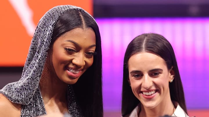 Apr 15, 2024; Brooklyn, NY, USA; Angel Reese and Caitlin Clark pose for photos before the 2024 WNBA Draft at Brooklyn Academy of Music. 