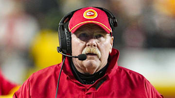 Dec 8, 2024; Kansas City, Missouri, USA; Kansas City Chiefs head coach Andy Reid looks on during the second half against the Los Angeles Chargers at GEHA Field at Arrowhead Stadium. Mandatory Credit: Jay Biggerstaff-Imagn Images
