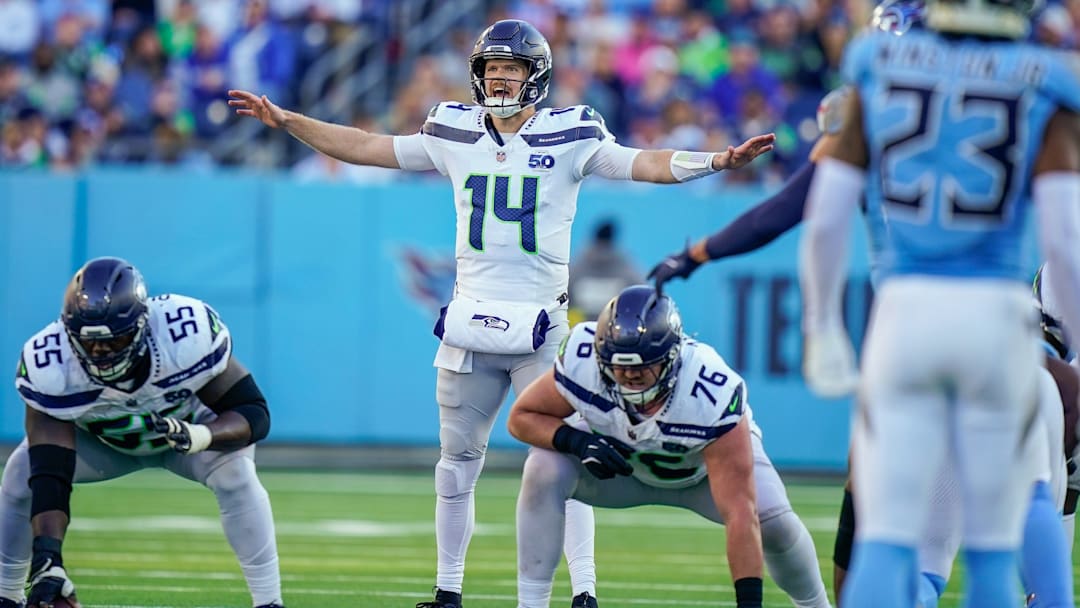 Seattle Seahawks quarterback Sam Darnold (14) calls to teammates on a third down play during the third quarter against the Seattle Seahawks at Nissan Stadium in Nashville, Tenn., Sunday, Nov. 23, 2025.