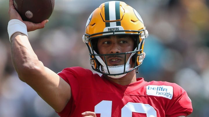 Green Bay Packers quarterback Jordan Love throws the ball at practice on Saturday.