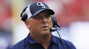 Sep 16, 2023; Madison, Wisconsin, USA;  Georgia Southern Eagles head coach Clay Helton looks on during the third quarter against the Wisconsin Badgers at Camp Randall Stadium. Mandatory Credit: Jeff Hanisch-Imagn Images