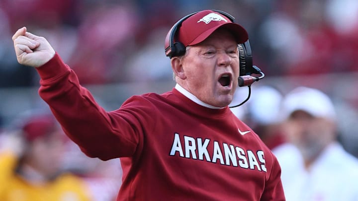 Arkansas Razorbacks interim head coach Bobby Petrino during the third quarter against the Mississippi State Bulldogs at Donald W. Reynolds Razorback Stadium. Bulldogs won 38-35. Arkansas Razorbacks interim head coach Bobby Petrino during the third quarter against the Mississippi State Bulldogs at Donald W. Reynolds Razorback Stadium. Bulldogs won 38-35.