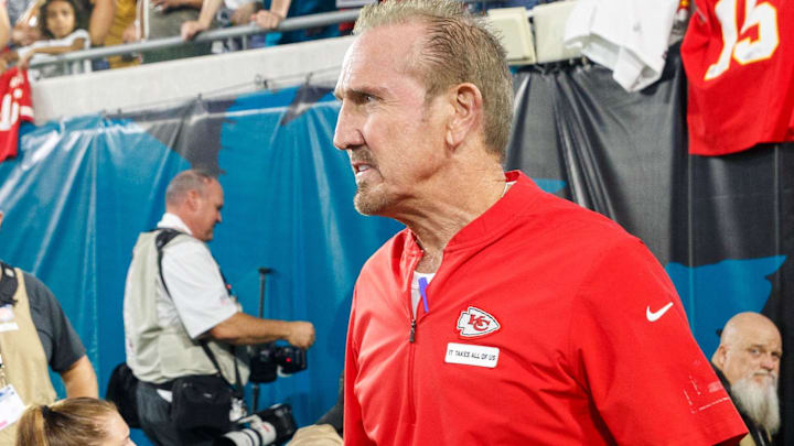 Oct 6, 2025; Jacksonville, Florida, USA; Kansas City Chiefs defensive coordinator Steve Spagnuolo before the game against the Jacksonville Jaguars at EverBank Stadium.