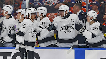 May 1, 2025; Edmonton, Alberta, CAN; The Los Angeles Kings celebrate a goal by forward Quinton Byfield (55) during the first period against the Edmonton Oilers in game six of the first round of the 2025 Stanley Cup Playoffs at Rogers Place. Mandatory Credit: Perry Nelson-Imagn Images