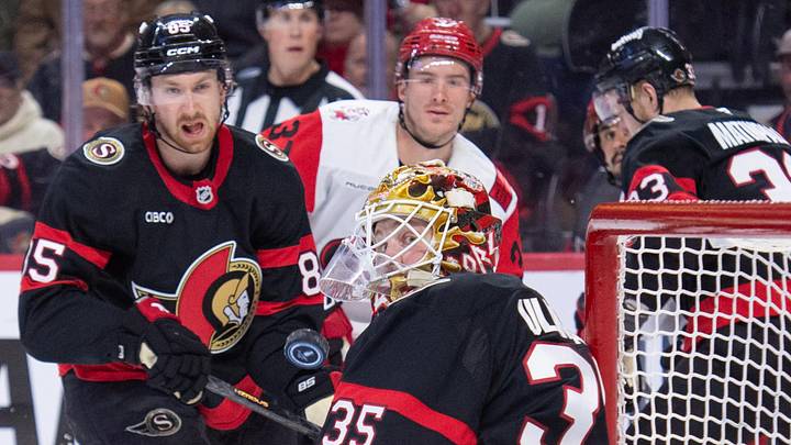 Apr 23, 2026; Ottawa, Ontario, CAN; Ottawa Senators goalie Linus Ullmak (35) follows the puck after making a save on a shot from Carolina Hurricanes right wing Andrei Svechnikov (37) in the second period of game three of the first round of the 2026 Stanley Cup Playoffs at the Canadian Tire Centre. Mandatory Credit: Marc DesRosiers-Imagn